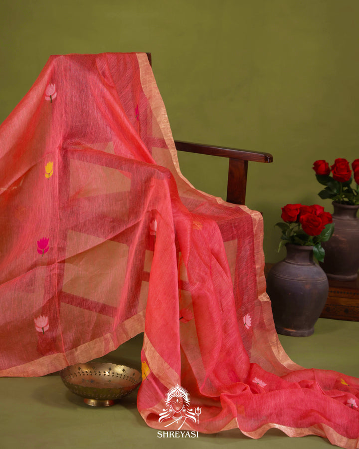 Handloom Silk Linen Jamdani Saree with Tissue Paithani Pallu