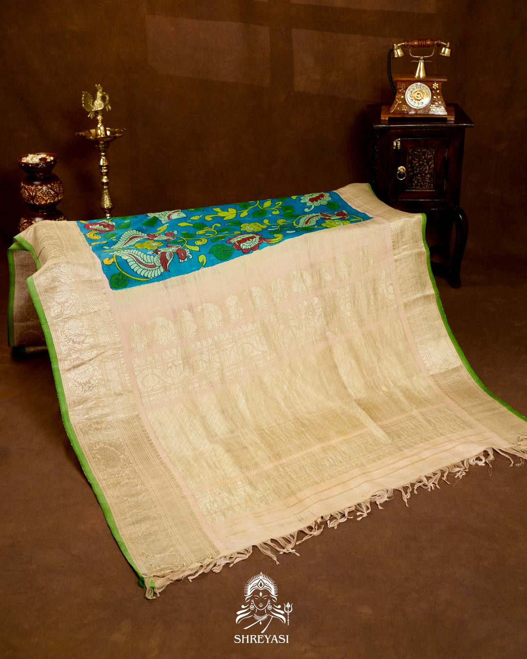 Handloom Pure Gadwal Silk Saree with Hand Painted Pen Kalamkari and Silver Zari Borders