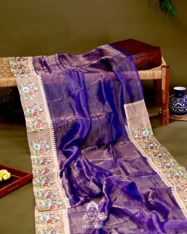 Handloom Banarasi Tissue Stripe Silk Saree with Satin Stitch Floral Embroidered Borders