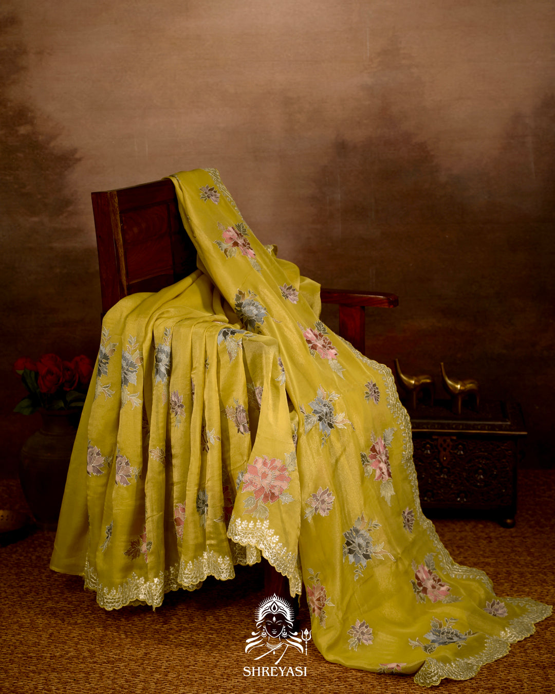 Pure Tissue Silk Saree with Floral Threadwork and Pita Embroidered Border