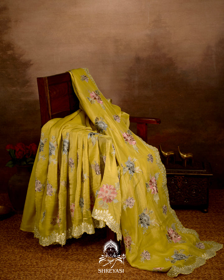 Pure Tissue Silk Saree with Floral Threadwork and Pita Embroidered Border
