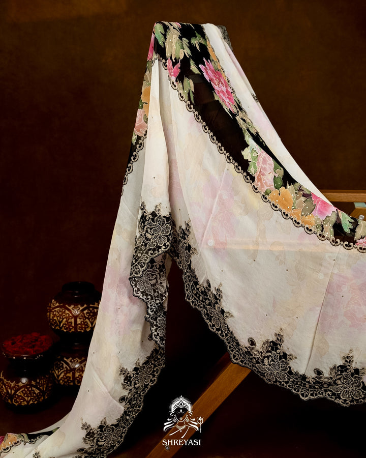 Pure Georgette Floral Saree with Chantilly Lace Embroidery Border