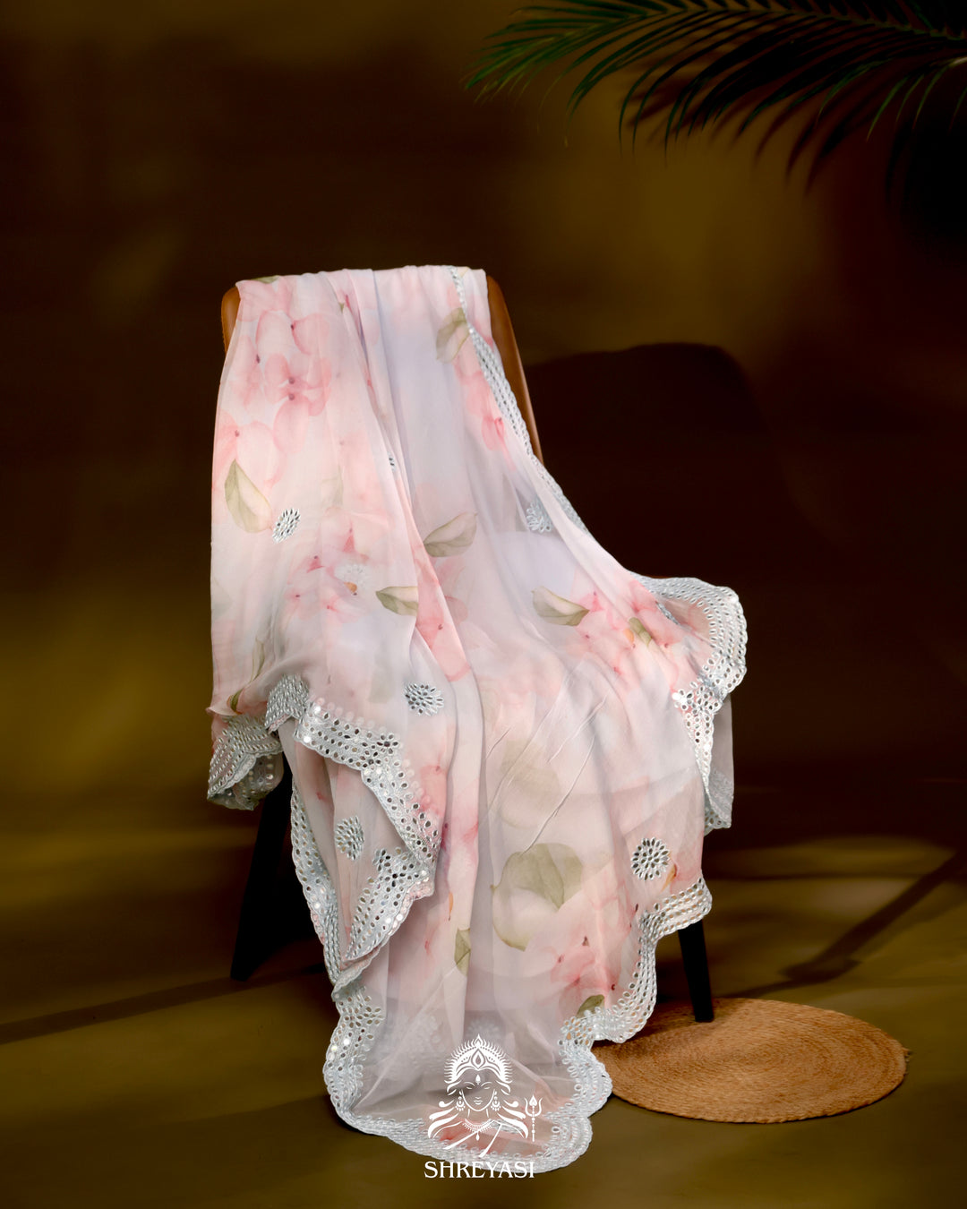 Floral Chiffon Georgette Saree with Scalloped Mirror Embroidery