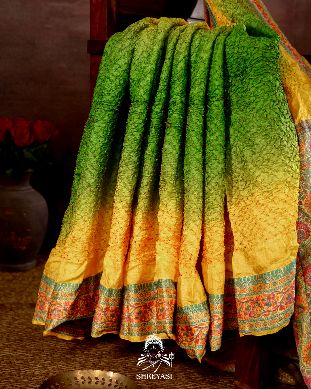 Hand Knotted Bandhej Tussar Silk Saree with Meenakari Weaving