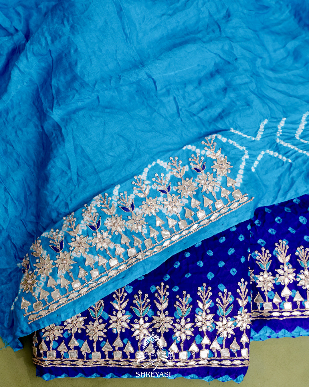 Handloom Pure Gaji Silk Saree with Hand-Knotted Bandhej and Gharchola Pallu with Heavy Gotapatti Embroidery