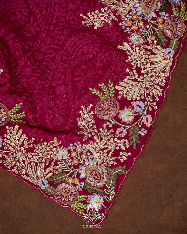 Premium Pure Georgette Chikankari Saree in Jewel Magenta with Embroidered Floral Borders