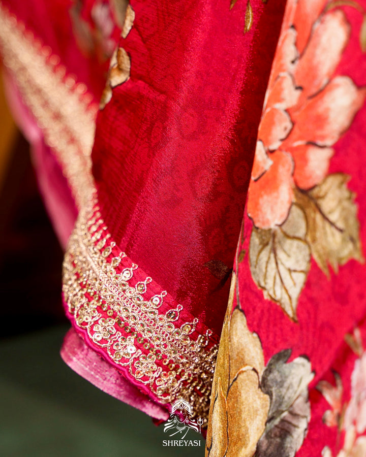 Floral Crepe Chiffon Saree with Embroidered Borders