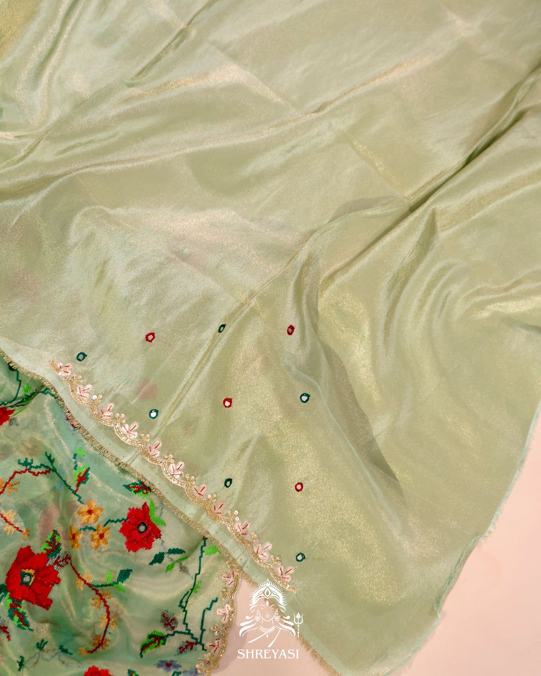Organza Silk Saree with All-Over Petit Point Embroidery and Gotapatti Border