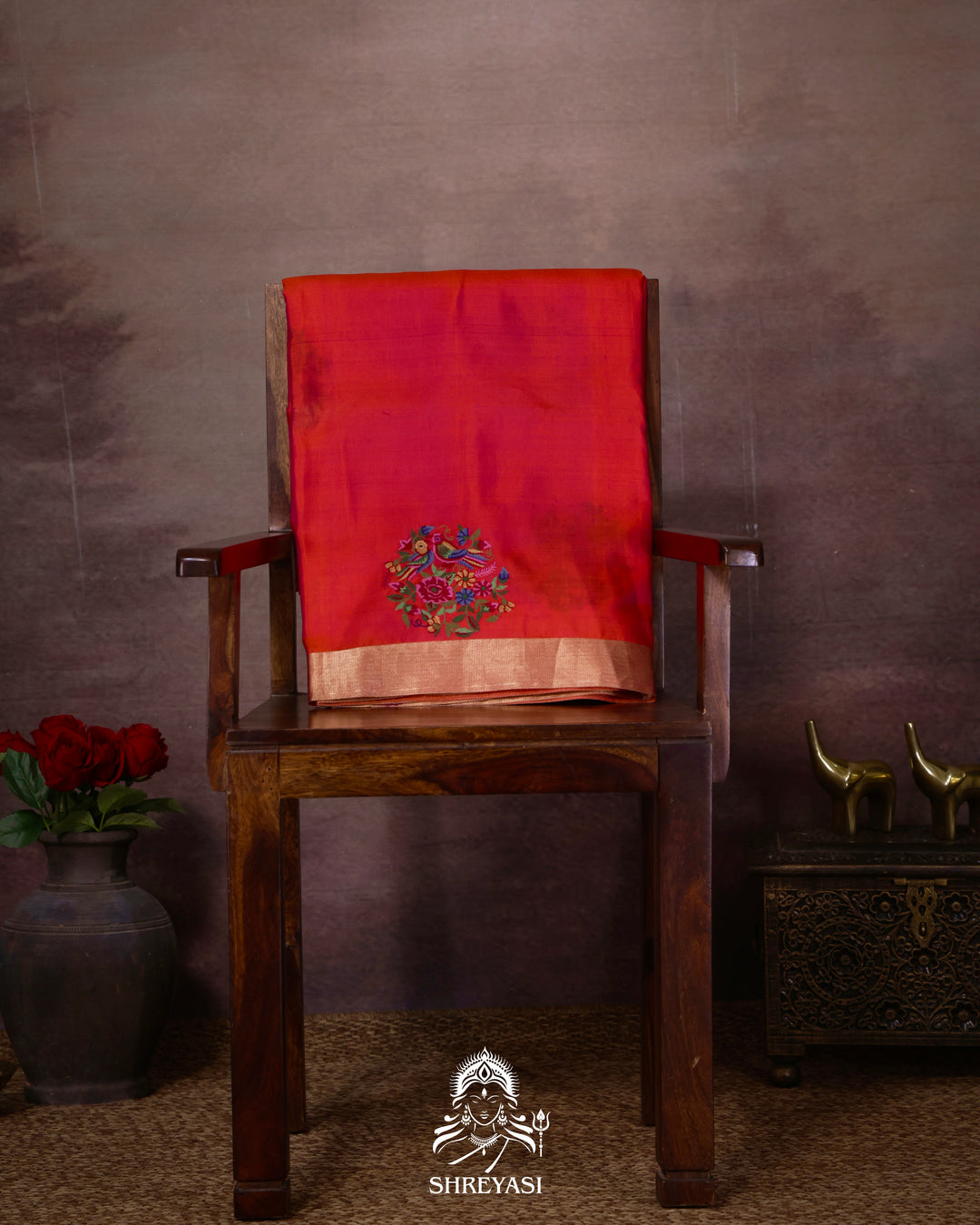 Handloom Pure Kanjivaram Soft Silk Saree with Petit Point Embroidered Floral Bird Clusters