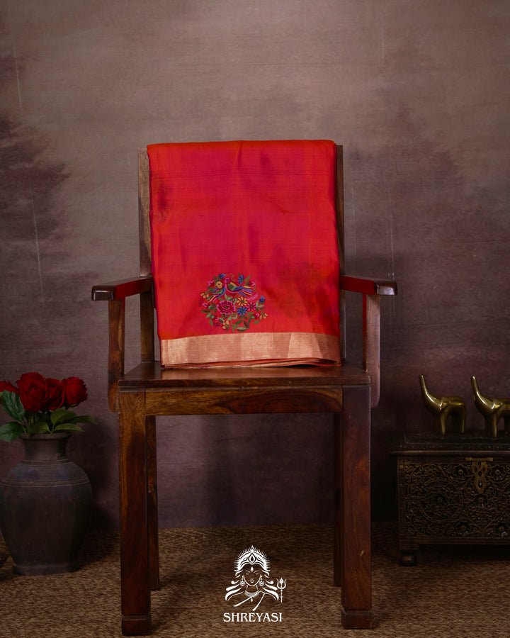 Handloom Pure Kanjivaram Soft Silk Saree with Petit Point Embroidered Floral Bird Clusters