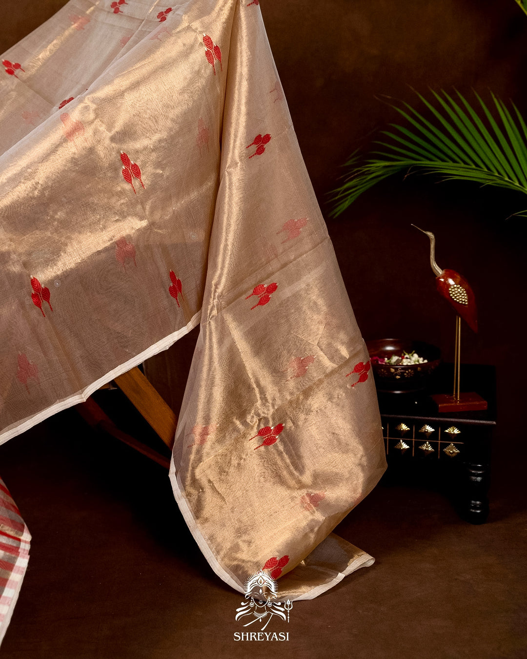 Handloom Pure Chanderi Tissue Silk Saree with Woven Bhutis and Striped Blouse