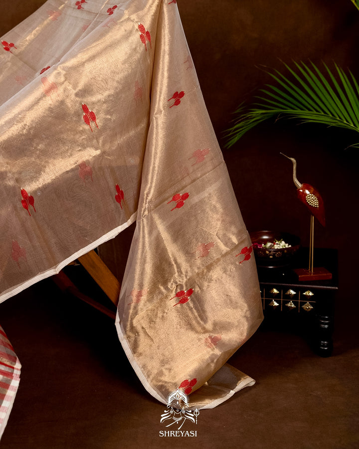 Handloom Pure Chanderi Tissue Silk Saree with Woven Bhutis and Striped Blouse
