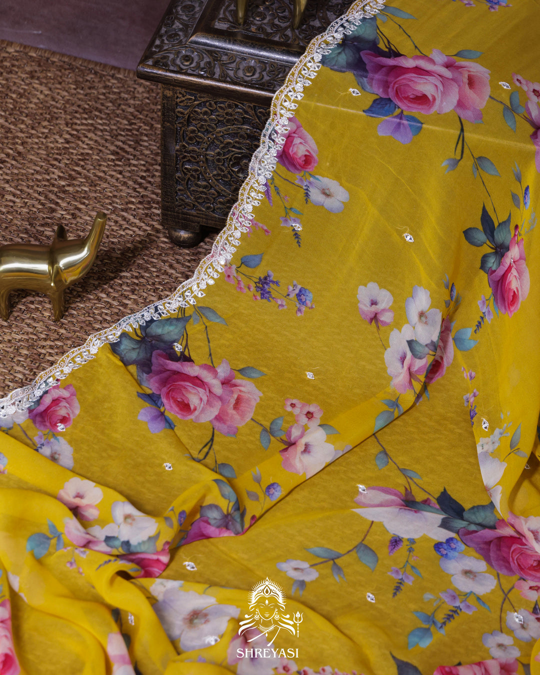 Floral Georgette Saree with Mirror Work Embroidery