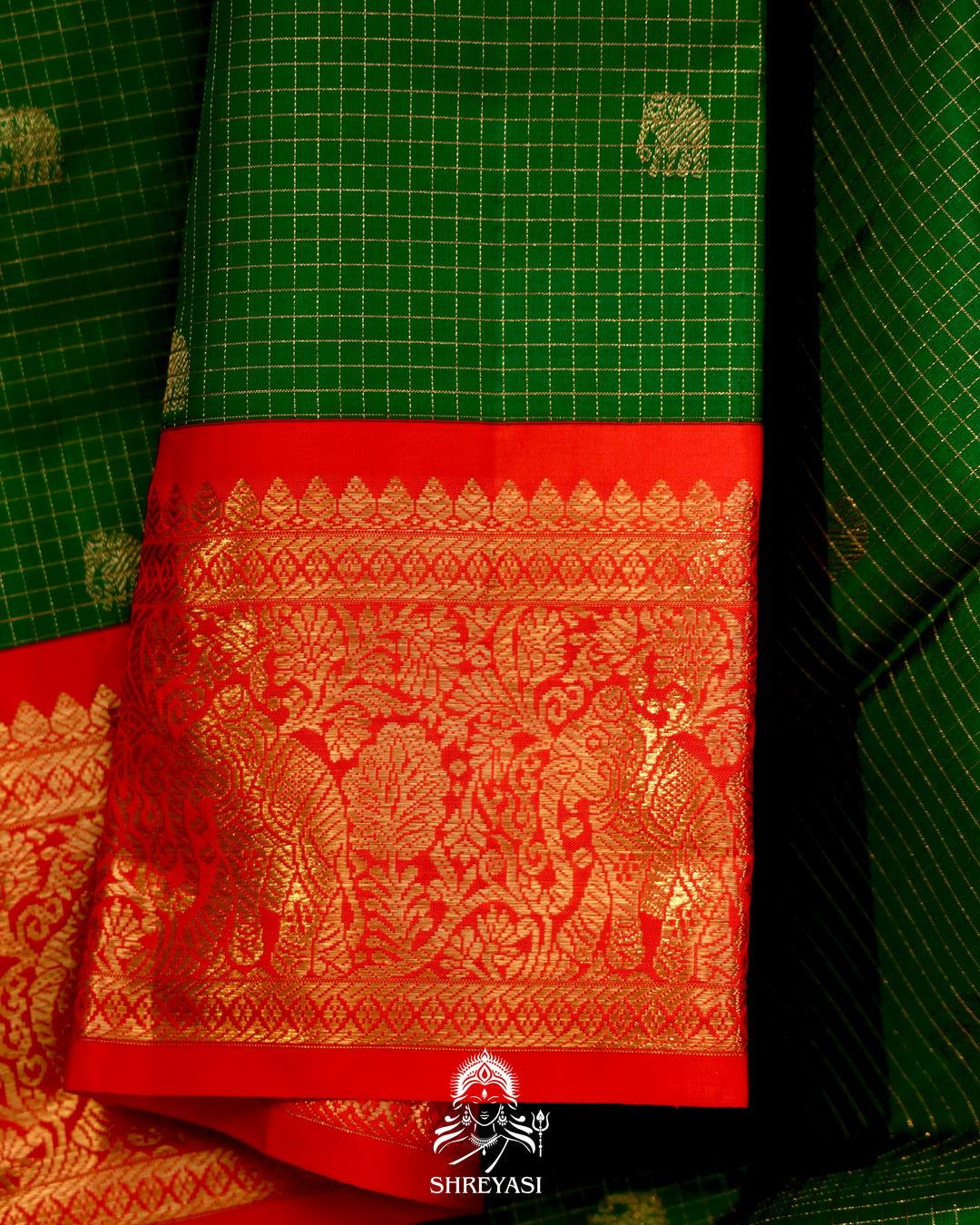 Handloom pure Kanjivaram silk saree with real zari, kattam checks, and traditional motifs
