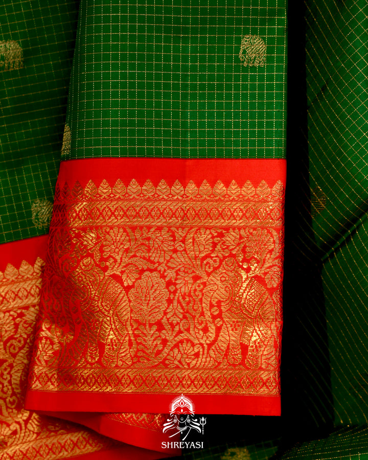 Handloom pure Kanjivaram silk saree with real zari, kattam checks, and traditional motifs