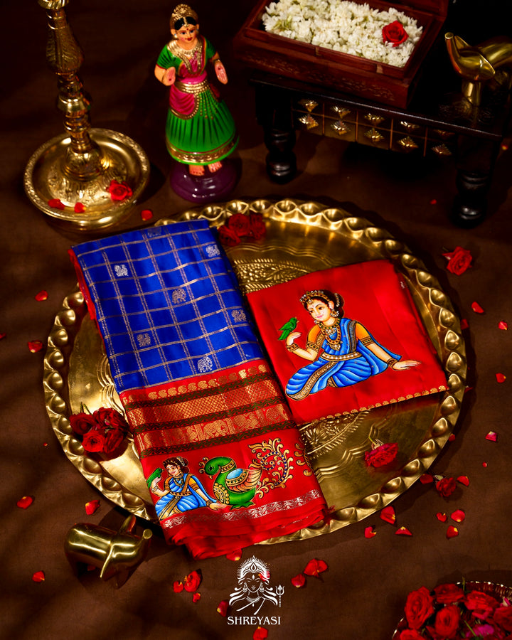 Handloom Pure Kanjivaram Silk Sarees with Real Zari and Hand Painted Tanjore Art