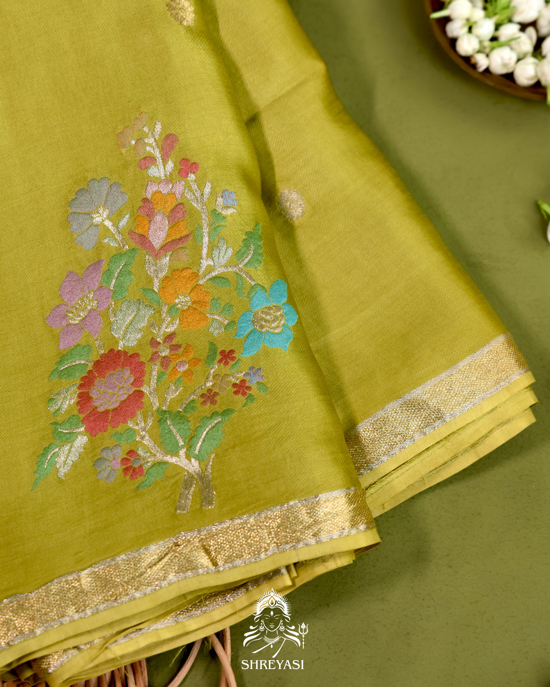 Handloom Pure Mashru Silk Saree with Sona Rupa Meenakari Bhutis and Nakshi Pallu