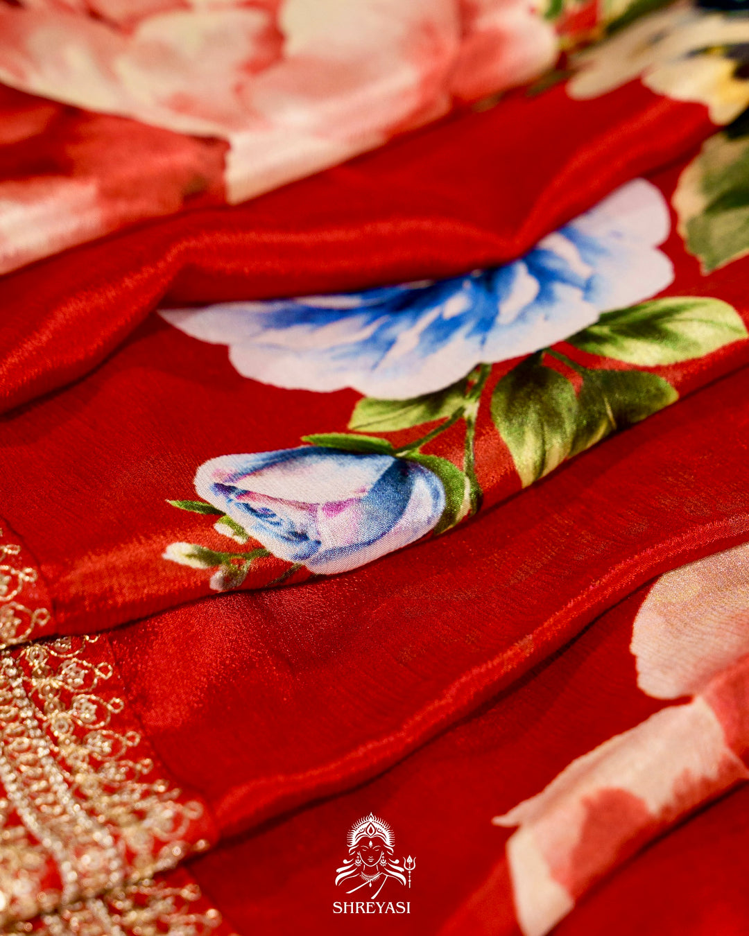 Pure Chinon Satin Silk Saree with Floral Print & Embroidered Border