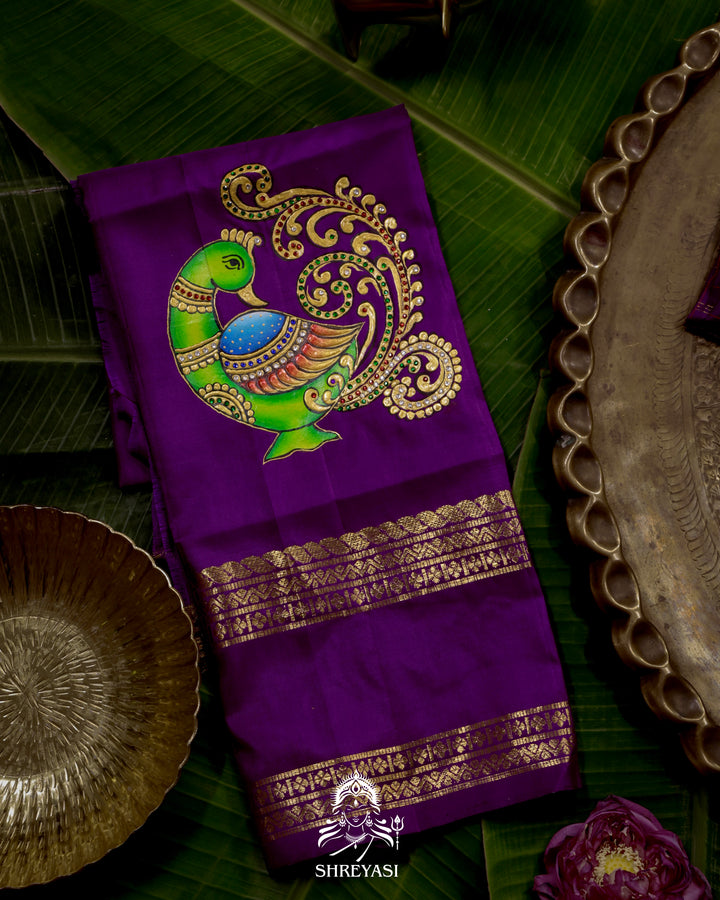 Handloom Pure Kanjivaram Silk Saree in Real Zari with Tanjore Mayil and Kamalam Artwork