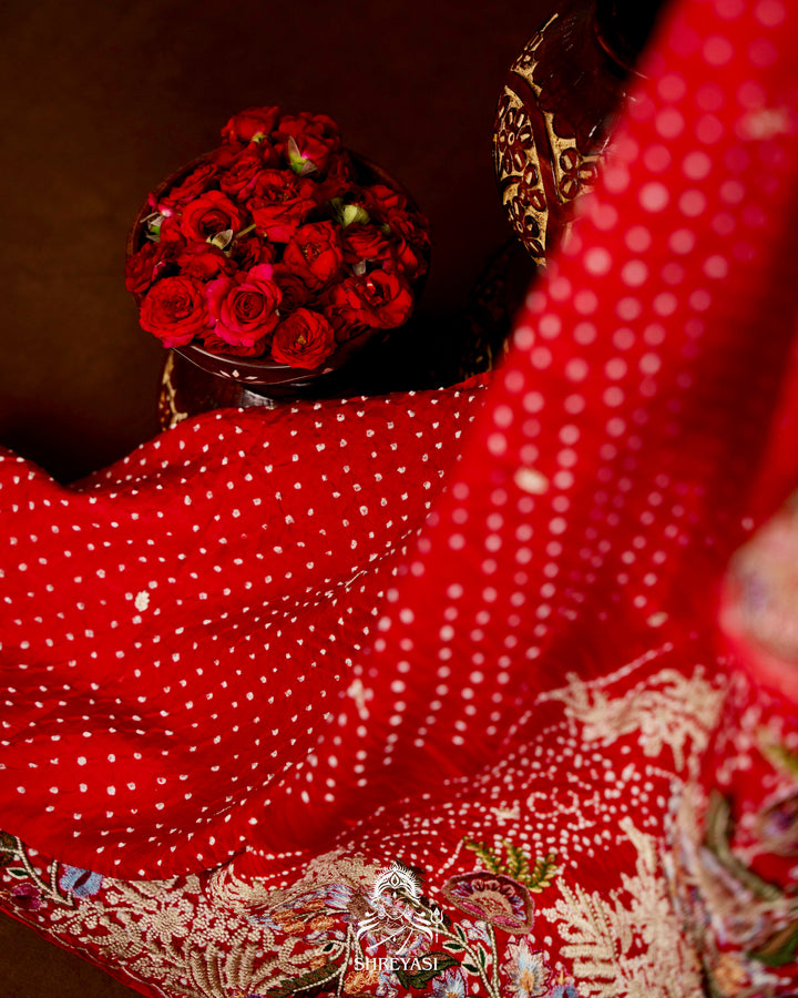 Handloom Pure Gaji Silk Bandhej Saree with Floral Embroidery in Scarlet Red