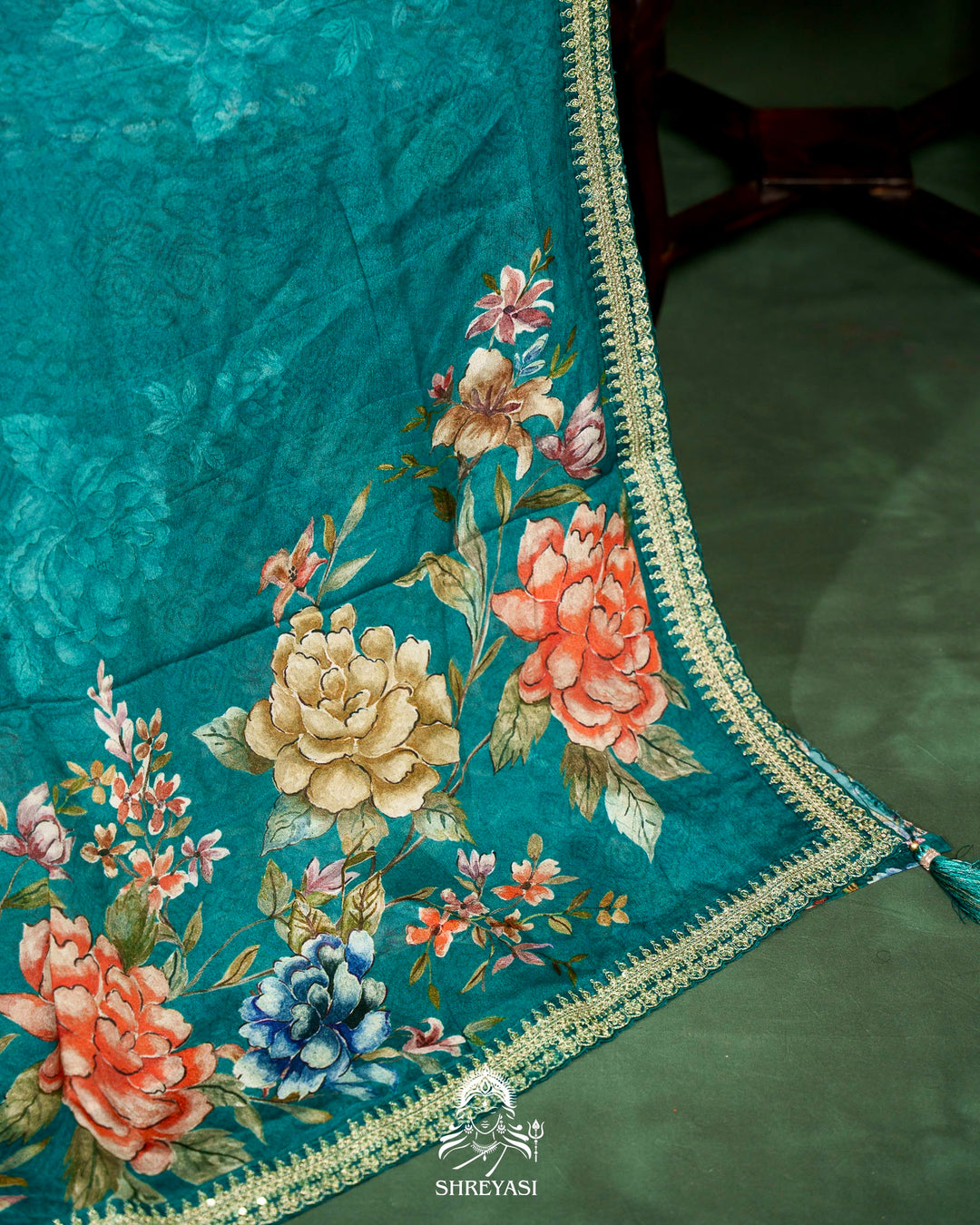 Floral Crepe Chiffon Saree with Embroidered Borders
