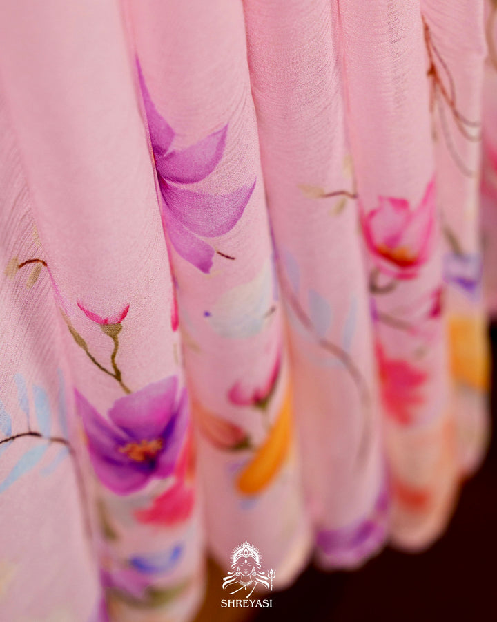 Pure Chiffon Floral Saree with Crochet Embroidery Border