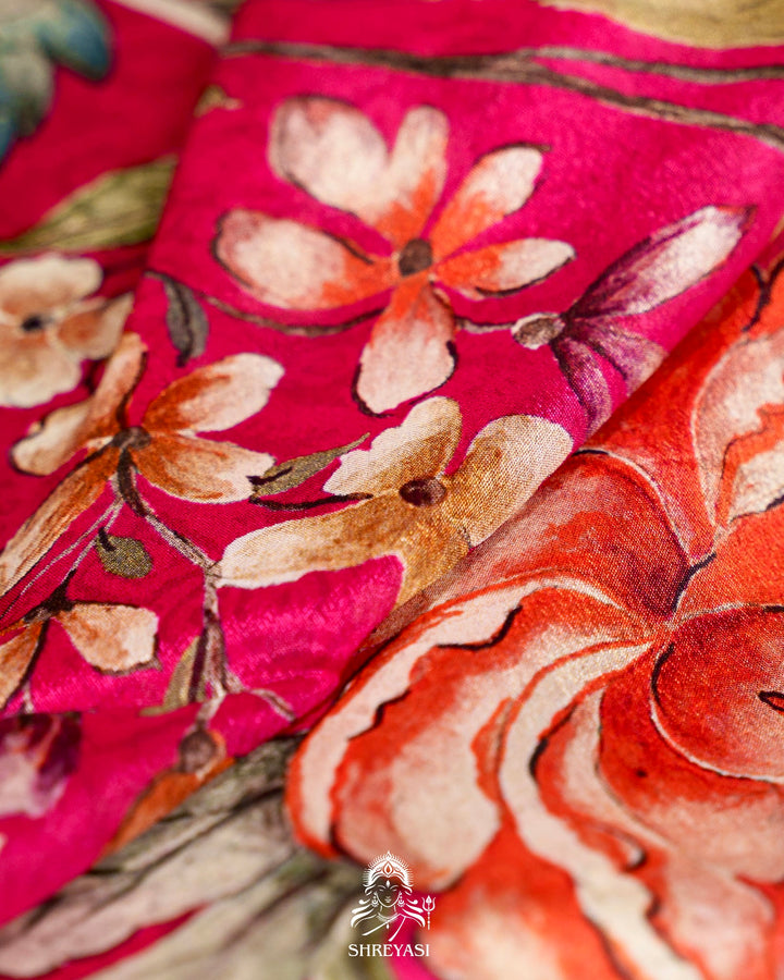 Floral Crepe Chiffon Saree with Embroidered Borders