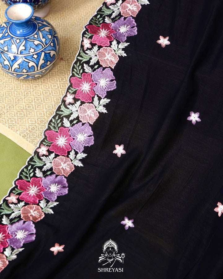 Tussar Silk Saree with Resham Floral Embroidery Border