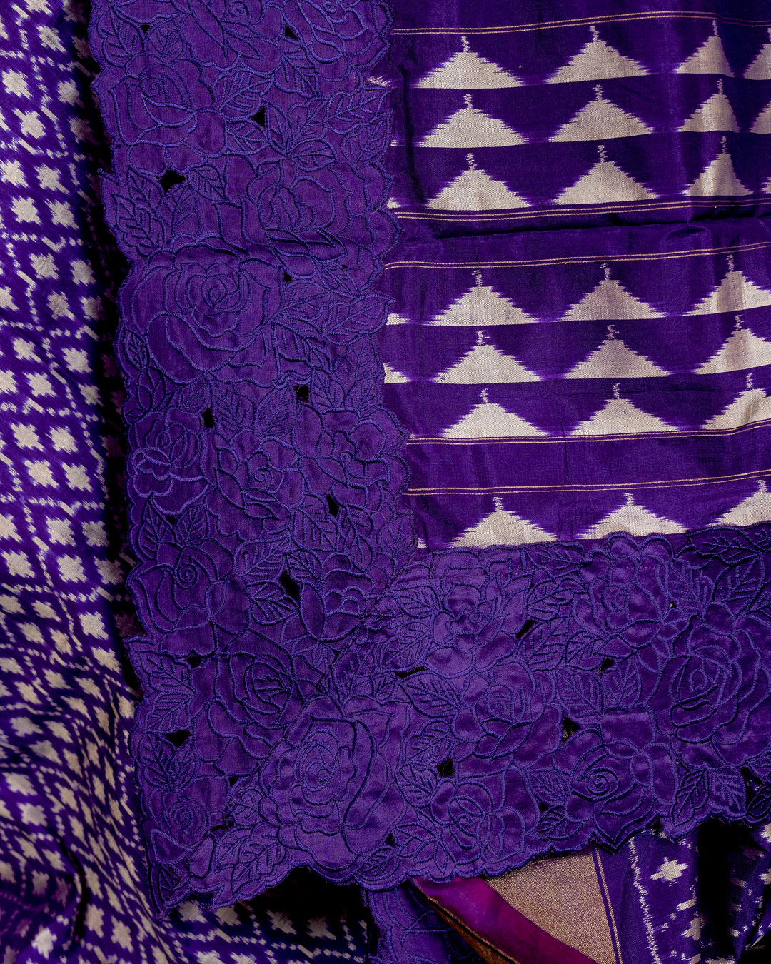 Handloom Pure Patola Silk Saree with Scalloped Floral Appliqué Embroidered Borders