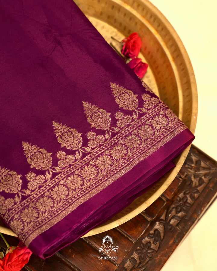 Banarasi Crepe Silk Saree with Floral Embroidered Blouse