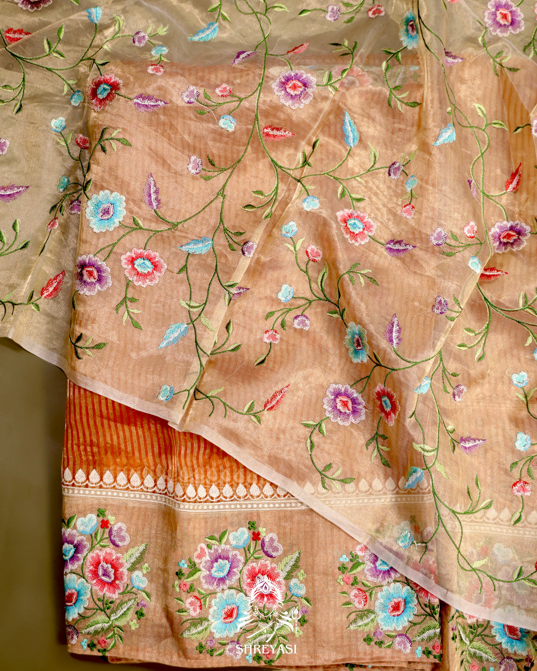 Handloom Banarasi Tissue Stripe Silk Saree with Satin Stitch Floral Embroidered Borders