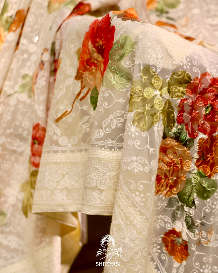 Georgette floral saree with chikankari embroidery