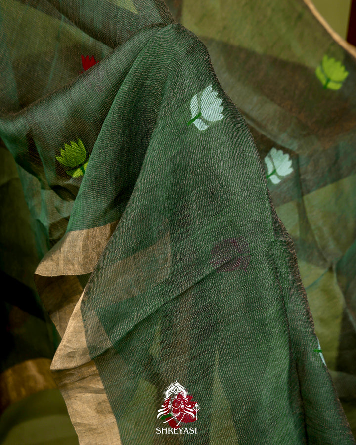 Handloom Silk Linen Jamdani Saree with Tissue Paithani Pallu