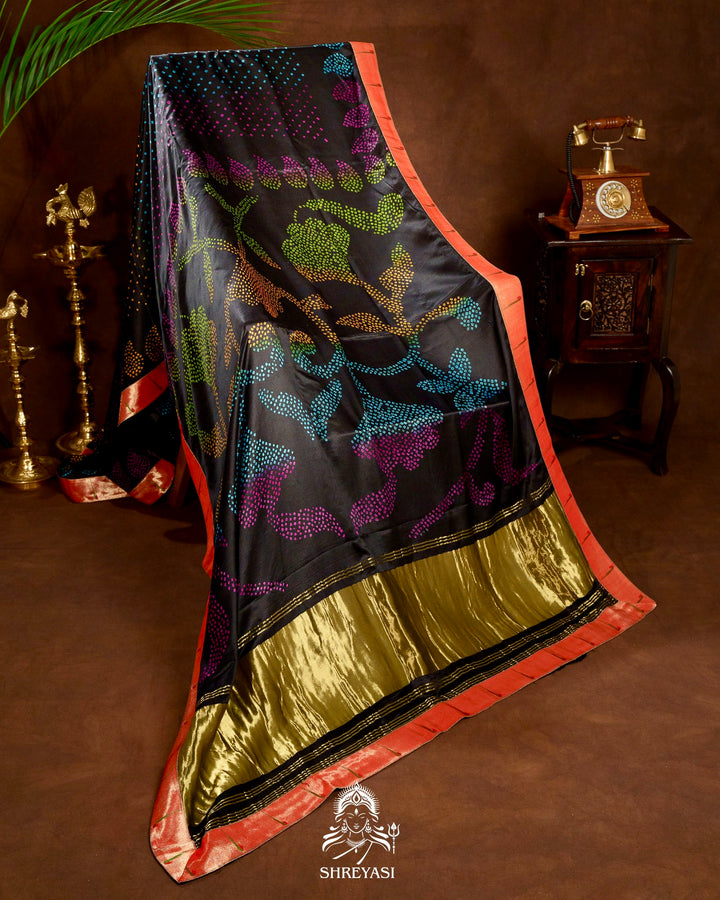 Handloom Pure Gaji Silk Bandhej Saree with Pure Paithani Border