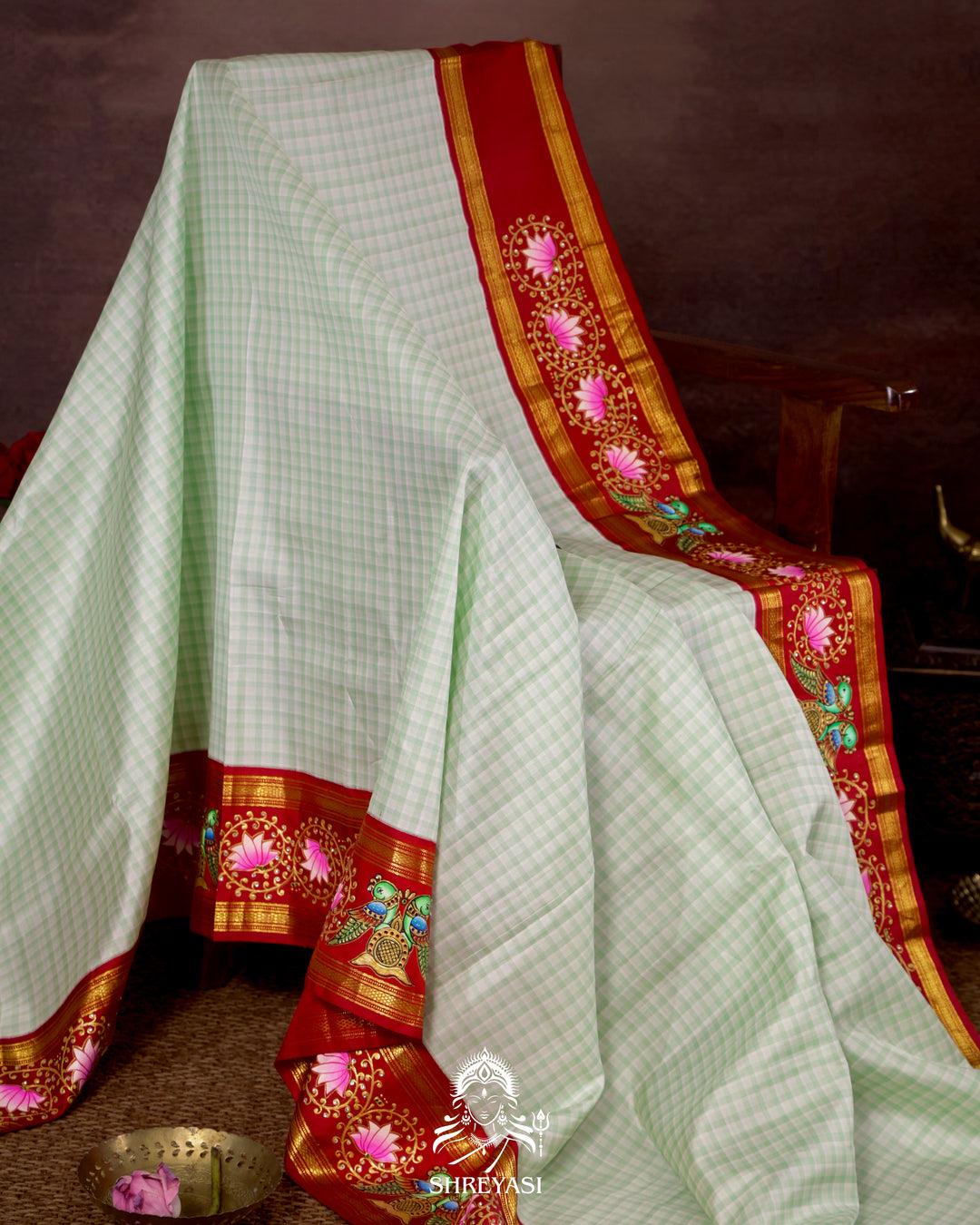 Handloom Pure Kanjivaram Silk Saree in Real Zari with Tanjore Kili and Kamalam Artwork