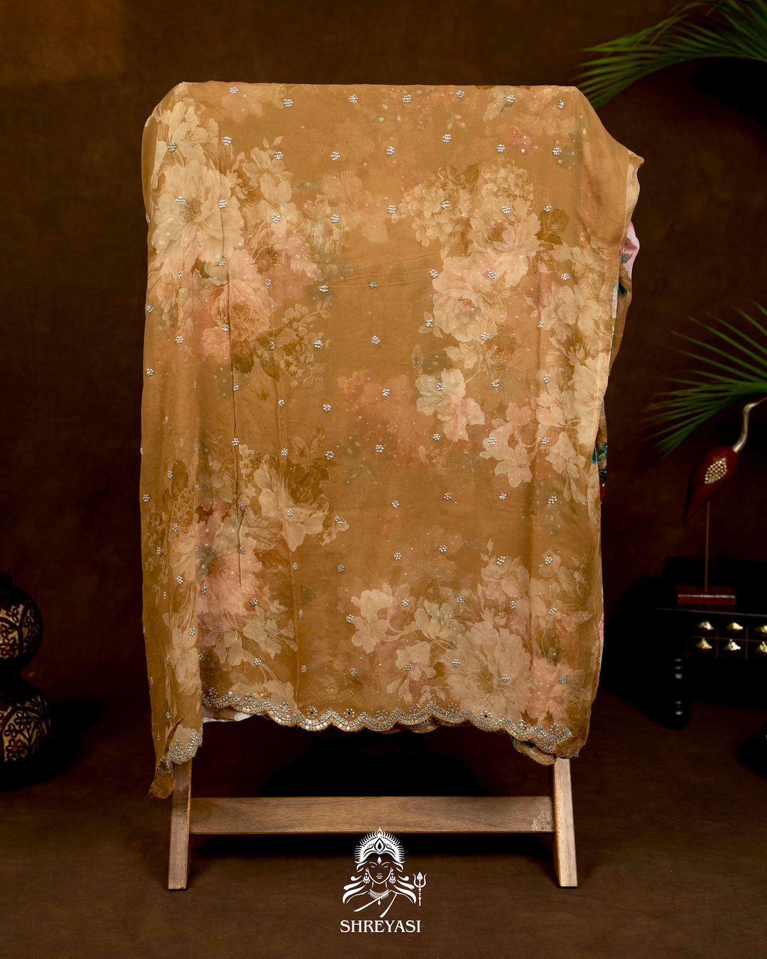 Hand Embellished Pure Georgette Floral Saree in Mocha Beige