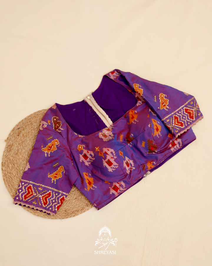 Rajkot Patola single ikat silk blouse with geometric motifs and pita embroidery