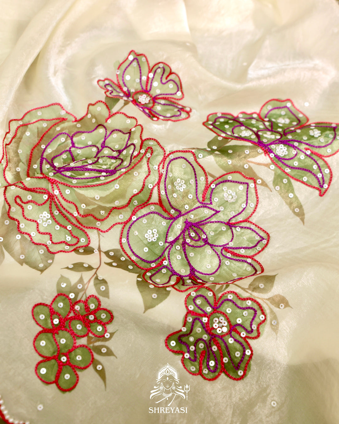 Glass Tissue Saree with Floral Print and  Embroidery