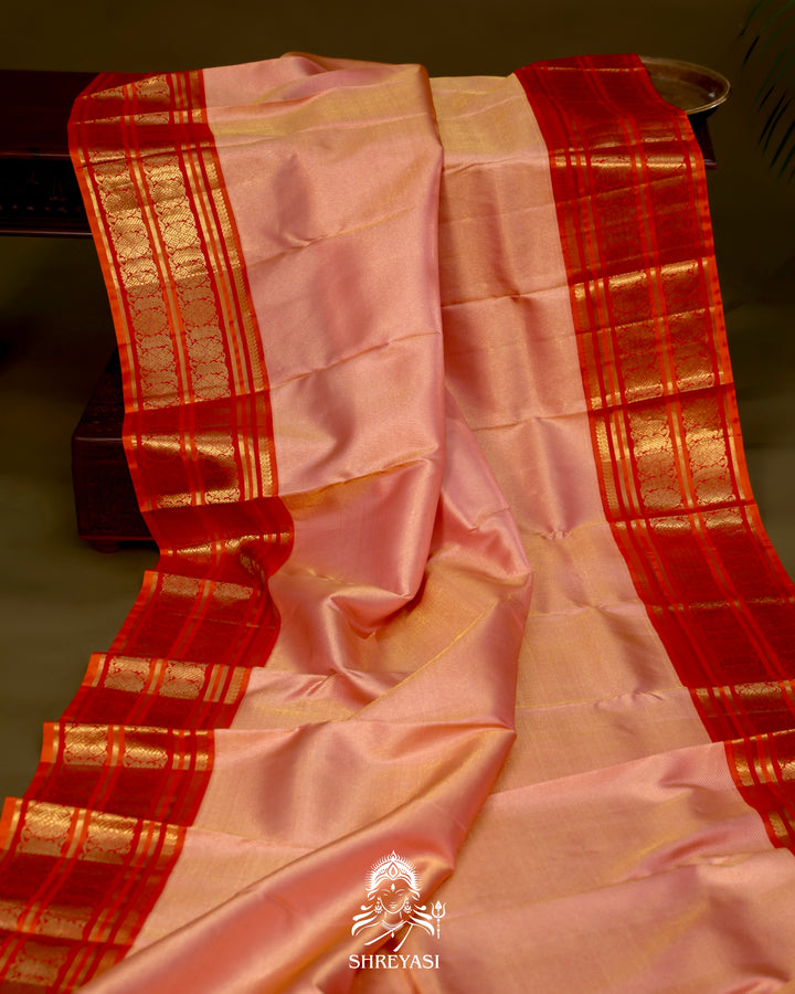 Handloom Pure Kanjivaram Silk Saree in Real Zari - Peach pink with Red and Orange Korvai Border