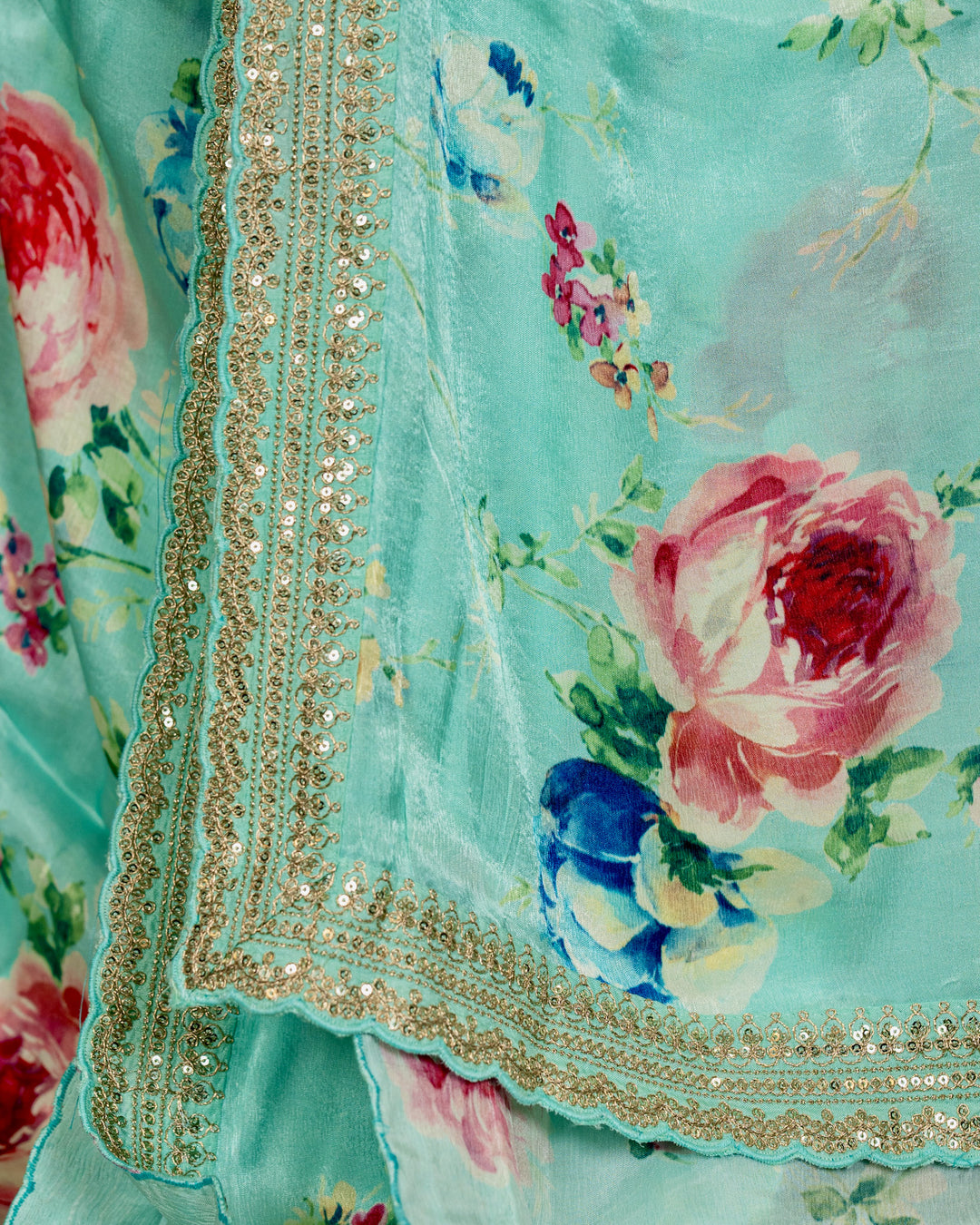 Pure Chinon Satin Saree with Floral Print and Embroidered Borders