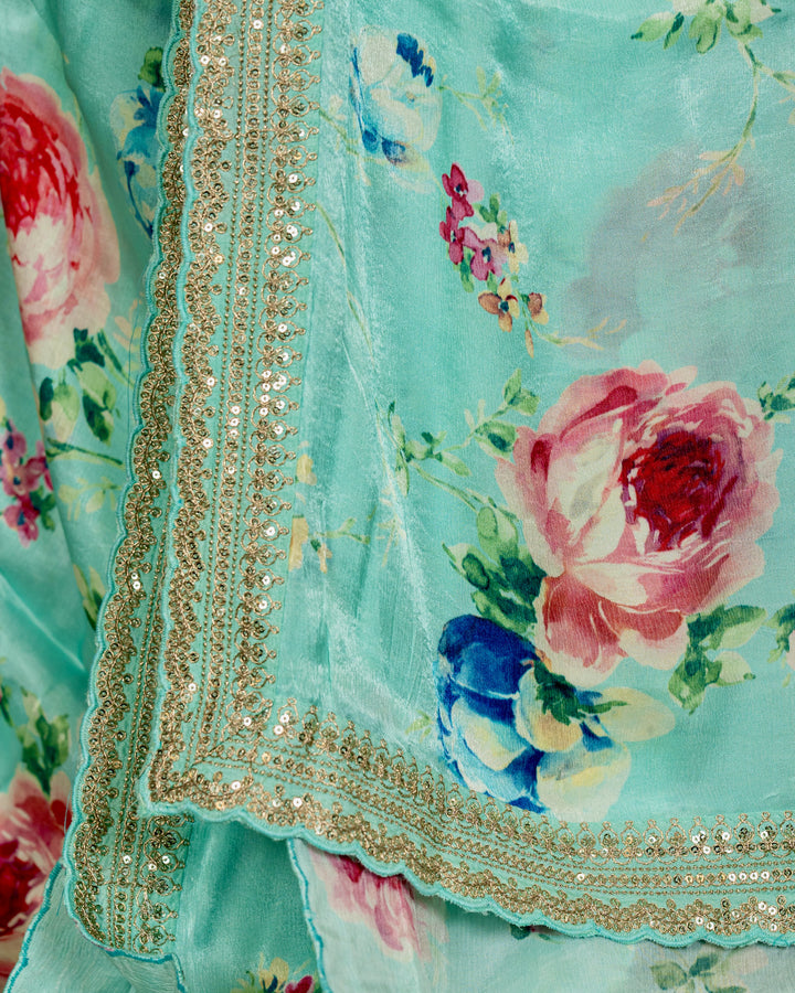 Pure Chinon Satin Saree with Floral Print and Embroidered Borders