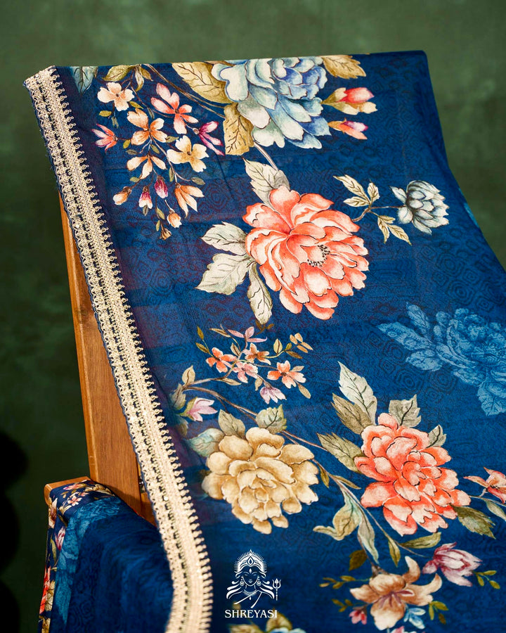 Floral Crepe Chiffon Saree with Embroidered Borders