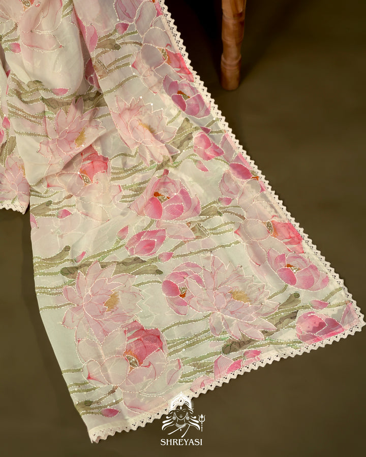 Pure Georgette Floral Saree with Thread Embroidery and Micro Sequins