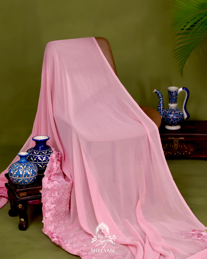 Soft Georgette Saree with Floral Thread Embroidery Border