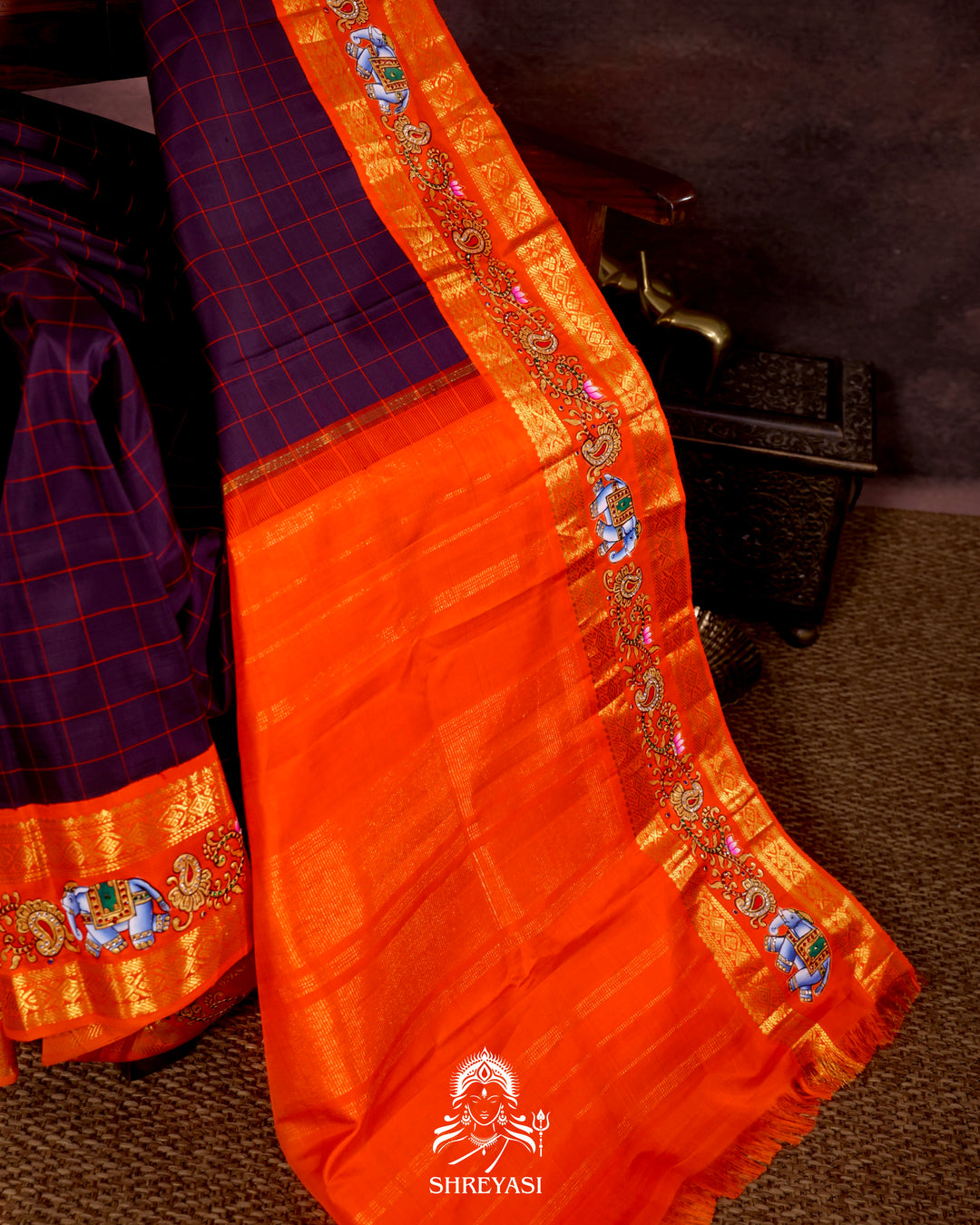 Handloom Pure Kanjivaram Silk Saree in Real Zari with Tanjore Yanai, Manga and Kamalam Artwork