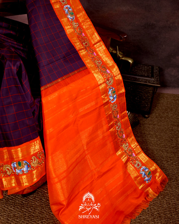 Handloom Pure Kanjivaram Silk Saree in Real Zari with Tanjore Yanai, Manga and Kamalam Artwork