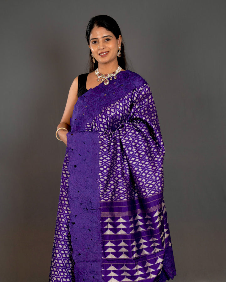 Handloom Pure Patola Silk Saree with Scalloped Floral Appliqué Embroidered Borders