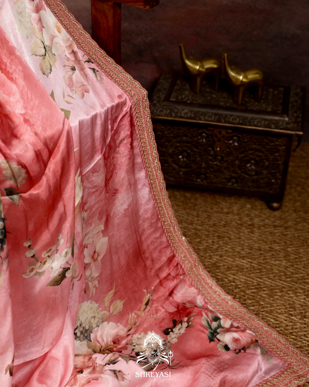 Peach pink Chinon Satin Floral Saree with Embroidered Border