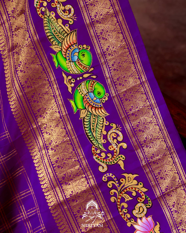 Handloom Pure Kanjivaram Silk Saree in Real Zari with Tanjore Kili and Kamalam Artwork