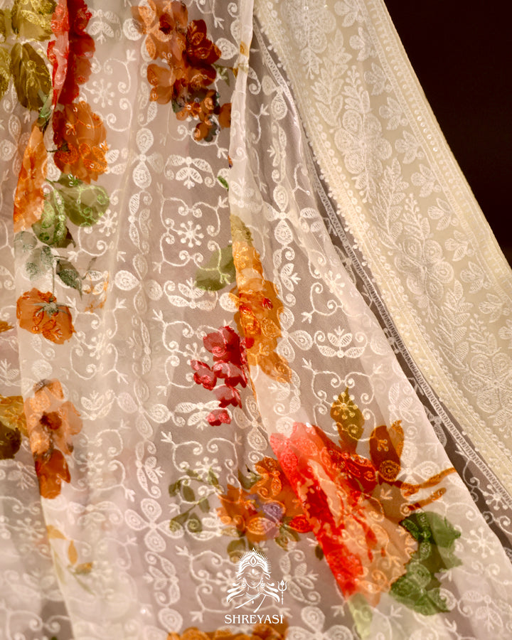 Georgette floral saree with chikankari embroidery